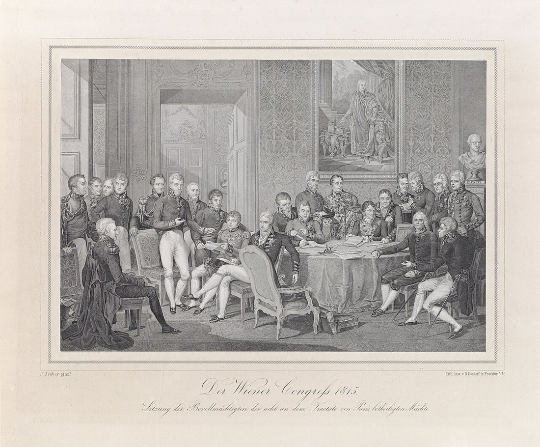 Litografia ottocentesca dei plenipotenziari riuniti attorno al tavolo del Congresso di Vienna del 1814-1815, quando i confini d'Europa furono ridisegnati senza consultare le popolazioni