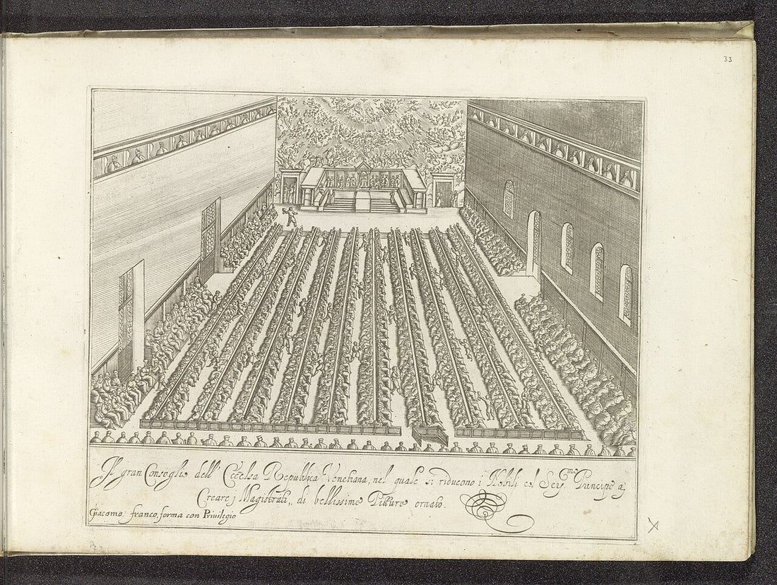 Incisione del 1610 che mostra la Sala del Maggior Consiglio a Palazzo Ducale, con il doge in fondo e i nobili seduti in lunghe file di banchi durante un'assemblea