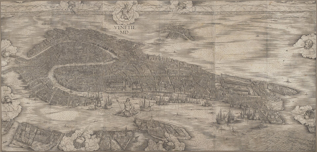 Veduta a volo d'uccello di Venezia incisa nel 1500 da Jacopo de' Barbari: la città lagunare vista dall'alto con canali, campanili e navi in bacino