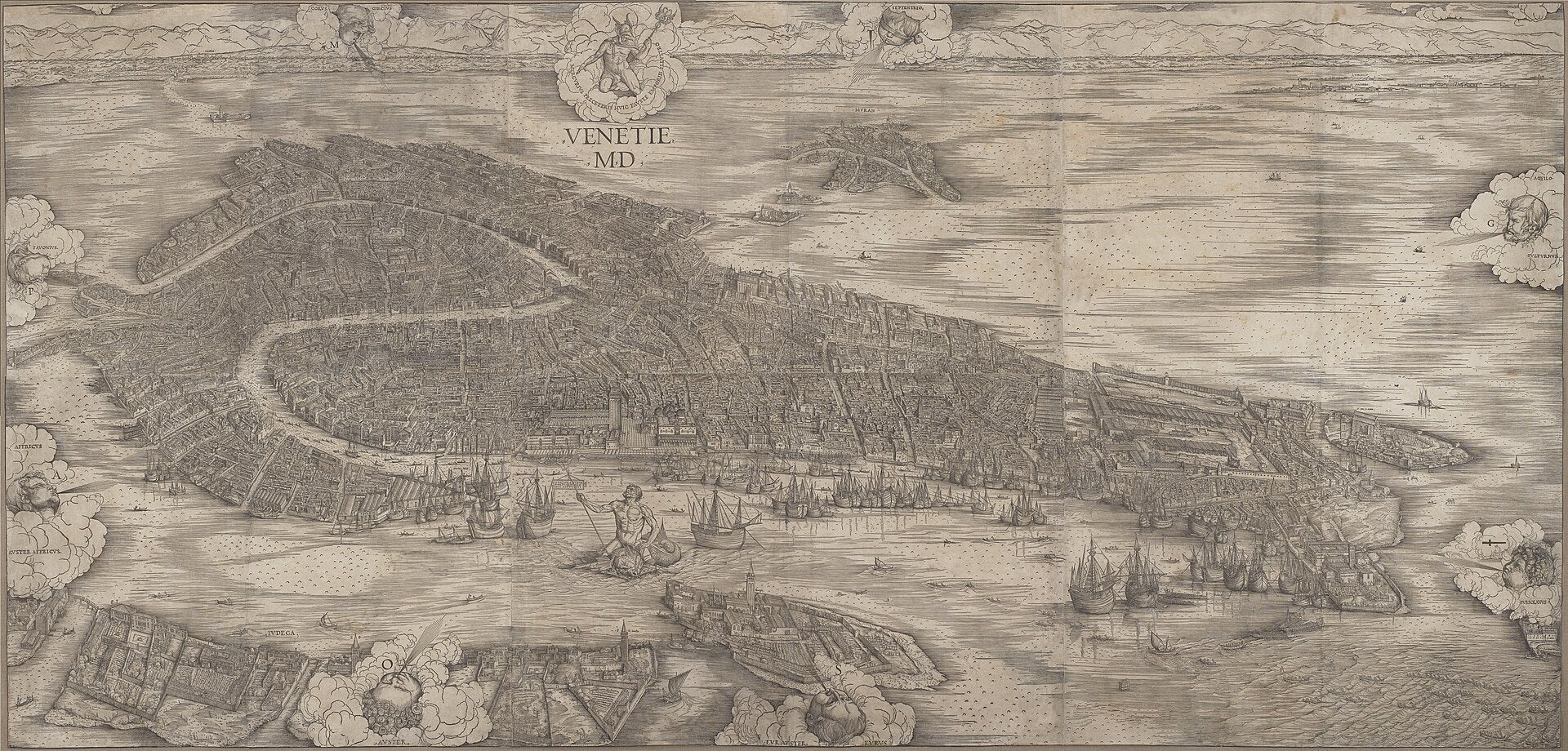 Veduta a volo d'uccello di Venezia incisa nel 1500 da Jacopo de' Barbari: la città lagunare vista dall'alto con canali, campanili e navi in bacino