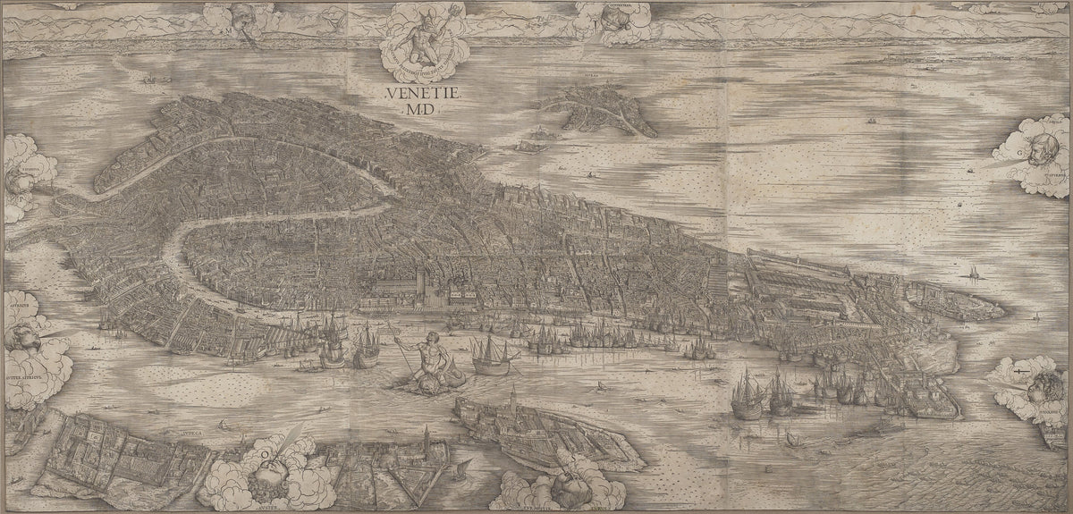 Veduta a volo d'uccello di Venezia incisa da Jacopo de' Barbari nel 1500, con il bacino di San Marco, il Canal Grande e l'intera città rappresentata isola per isola.