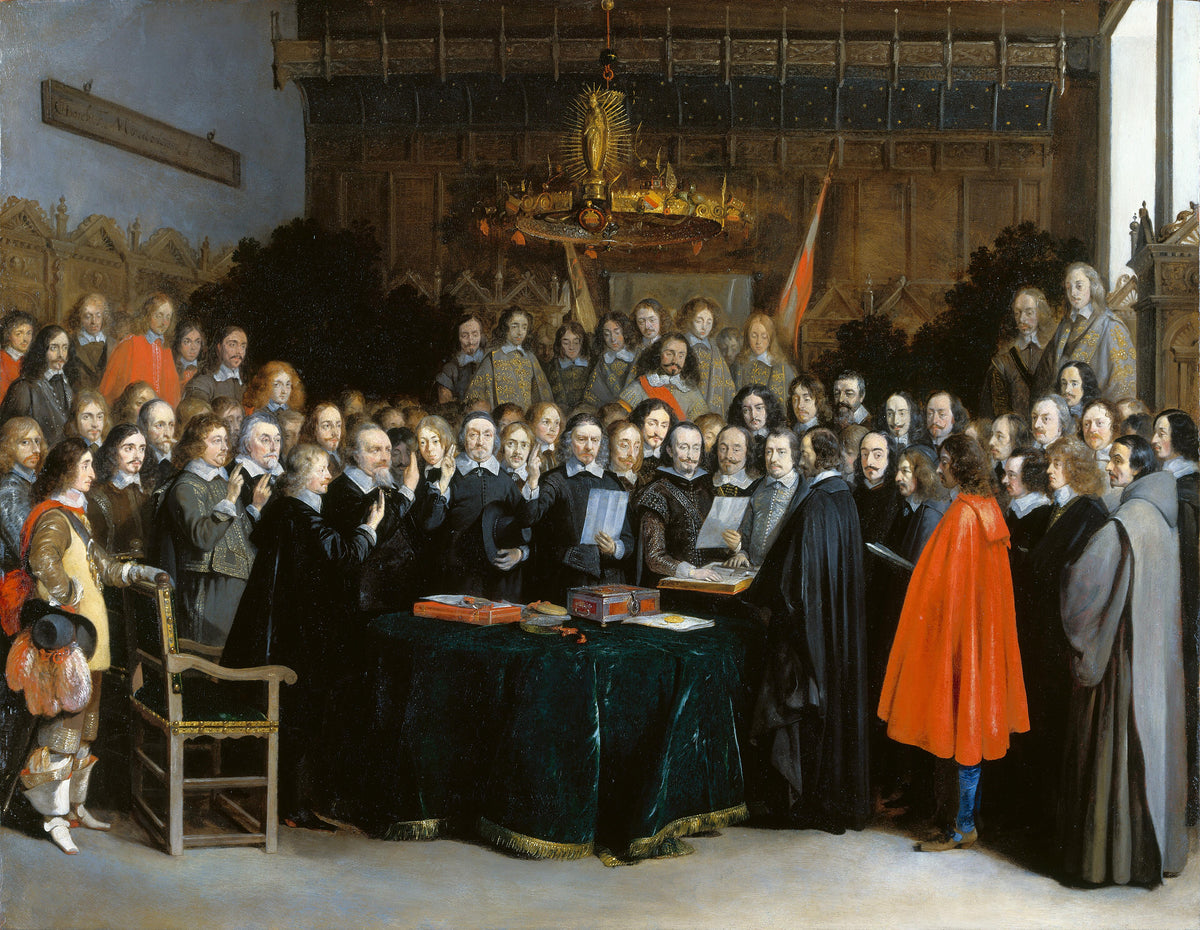 Dipinto del 1648: i plenipotenziari riuniti attorno a un tavolo nel municipio di Münster, con la mano destra alzata, giurano la ratifica del trattato di pace.