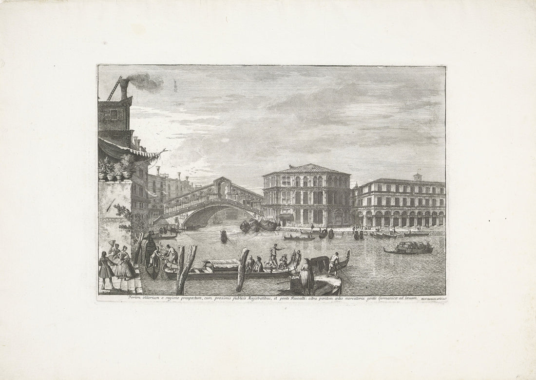 Incisione settecentesca del Ponte di Rialto e del Palazzo dei Camerlenghi a Venezia, con barche mercantili sul Canal Grande e il mercato affacciato sulla riva.
