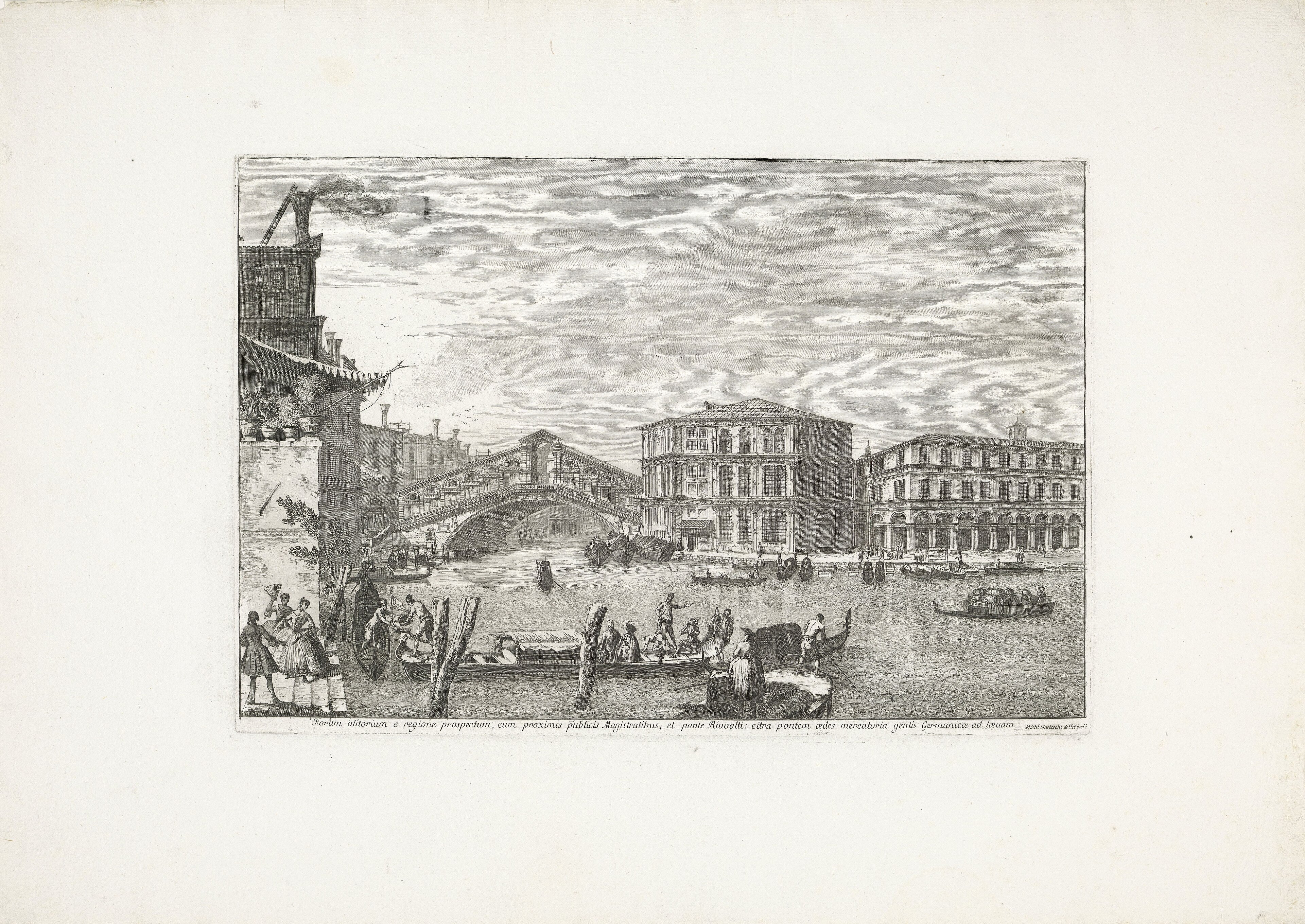 Incisione settecentesca del Ponte di Rialto e del Palazzo dei Camerlenghi a Venezia, con barche mercantili sul Canal Grande e il mercato affacciato sulla riva.