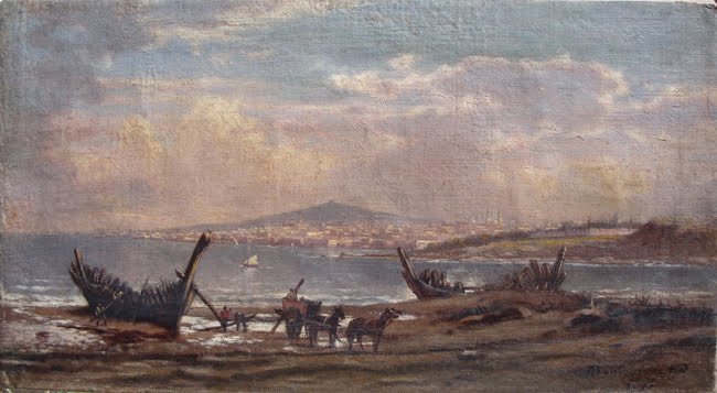 Veduta a olio di Montevideo dipinta nell'Ottocento: la città bassa affacciata sul Río de la Plata, con imbarcazioni a vela nella baia e il cielo aperto sull'orizzonte.