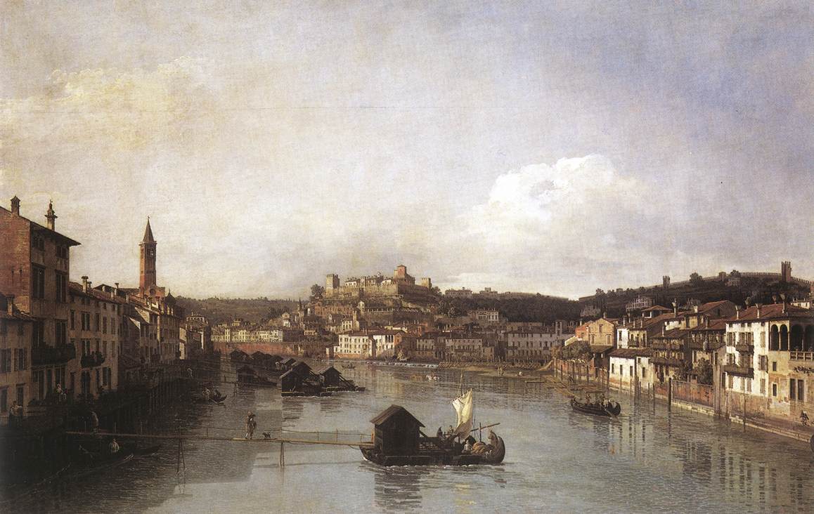 Veduta settecentesca di Verona con il fiume Adige, i ponti e i campanili della città, dipinta da Bernardo Bellotto