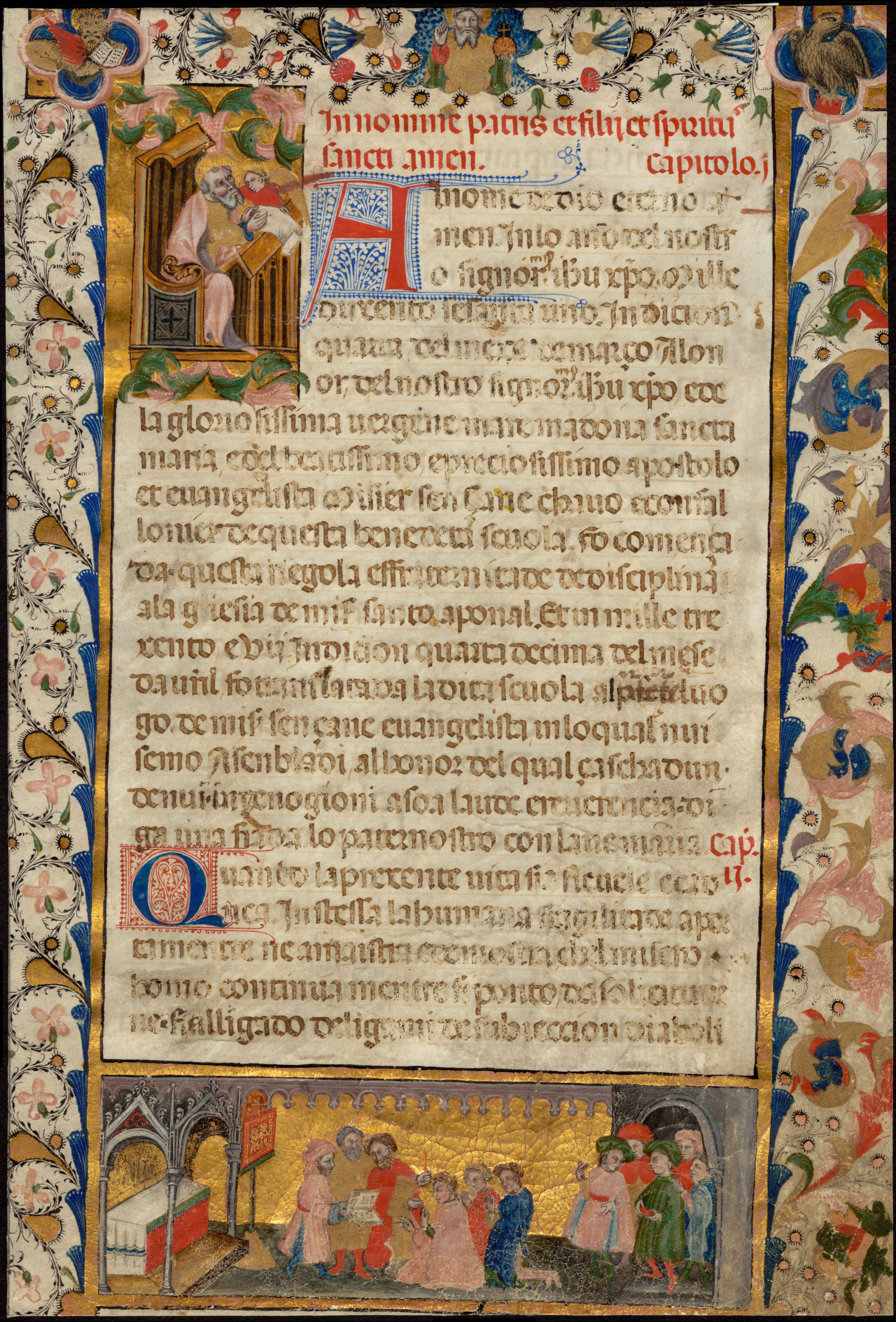 Pagina miniata di una mariegola veneziana del primo Quattrocento: testo in scrittura gotica, capilettera decorati, fregi floreali dorati e, in basso, i confratelli riuniti davanti al libro dei registri.