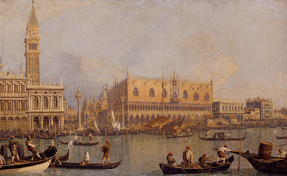 Veduta settecentesca di Canaletto del Palazzo Ducale di Venezia, storica sede degli uffici e delle magistrature della Repubblica, con gondole e figure lungo la riva.