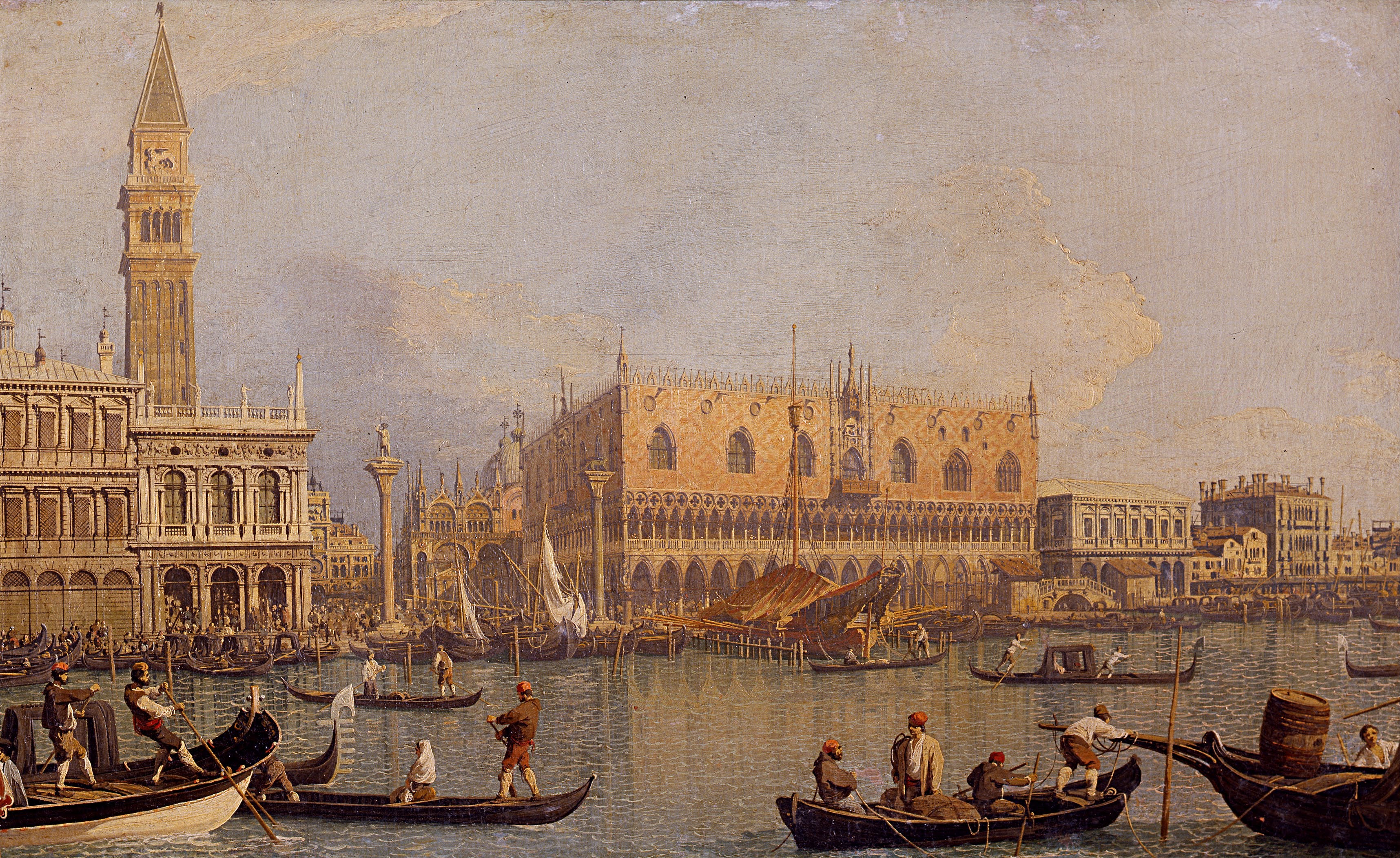 Veduta settecentesca di Canaletto del Palazzo Ducale di Venezia, storica sede degli uffici e delle magistrature della Repubblica, con gondole e figure lungo la riva.