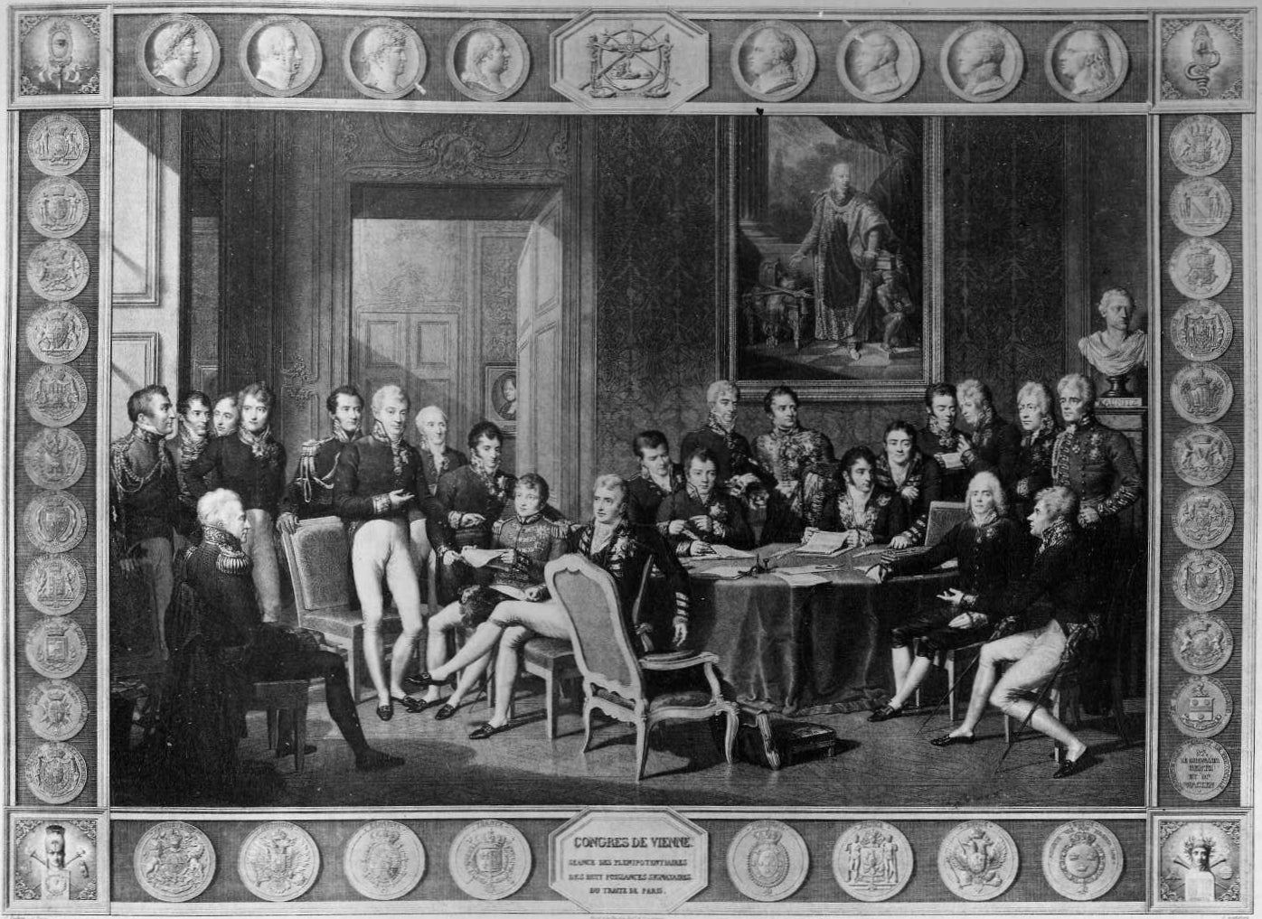 Incisione del 1819 che raffigura i delegati del Congresso di Vienna riuniti in una sala, tratta dal dipinto di Jean-Baptiste Isabey.
