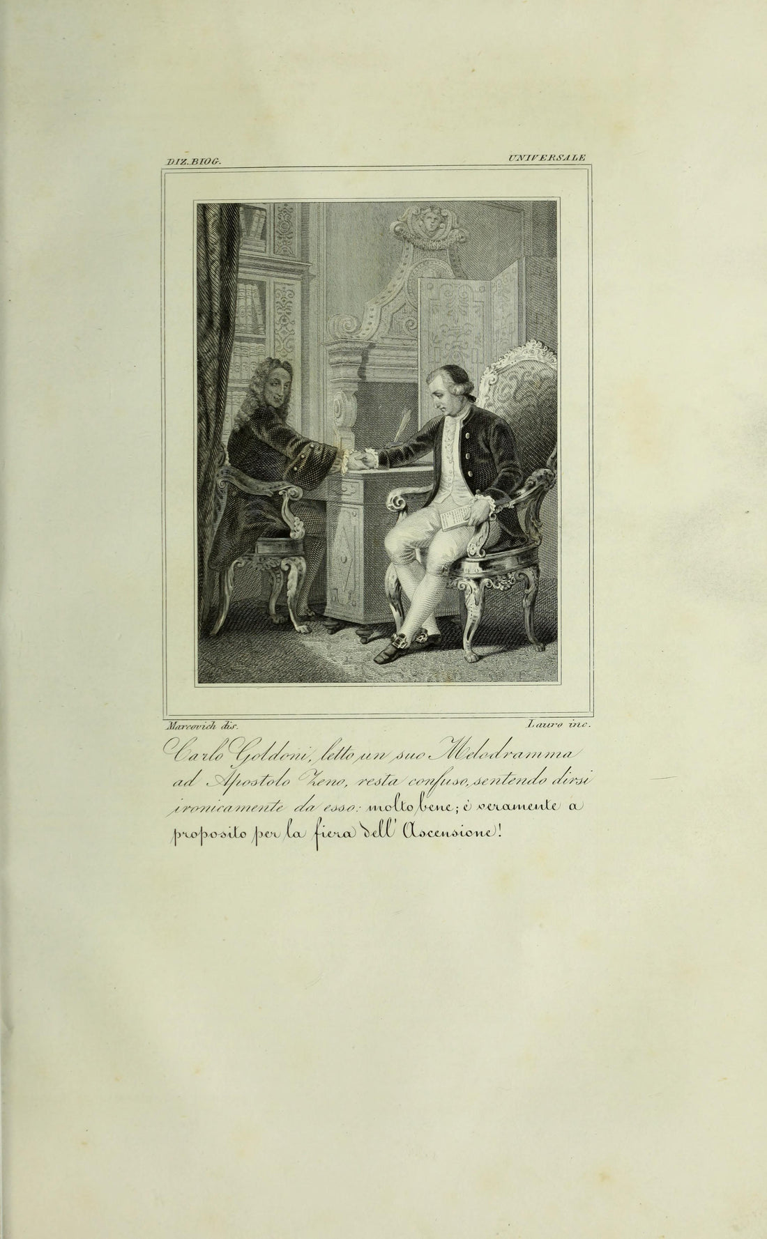 Incisione ottocentesca con il ritratto di Carlo Goldoni, il commediografo che portò il veneziano sui palcoscenici europei nel Settecento