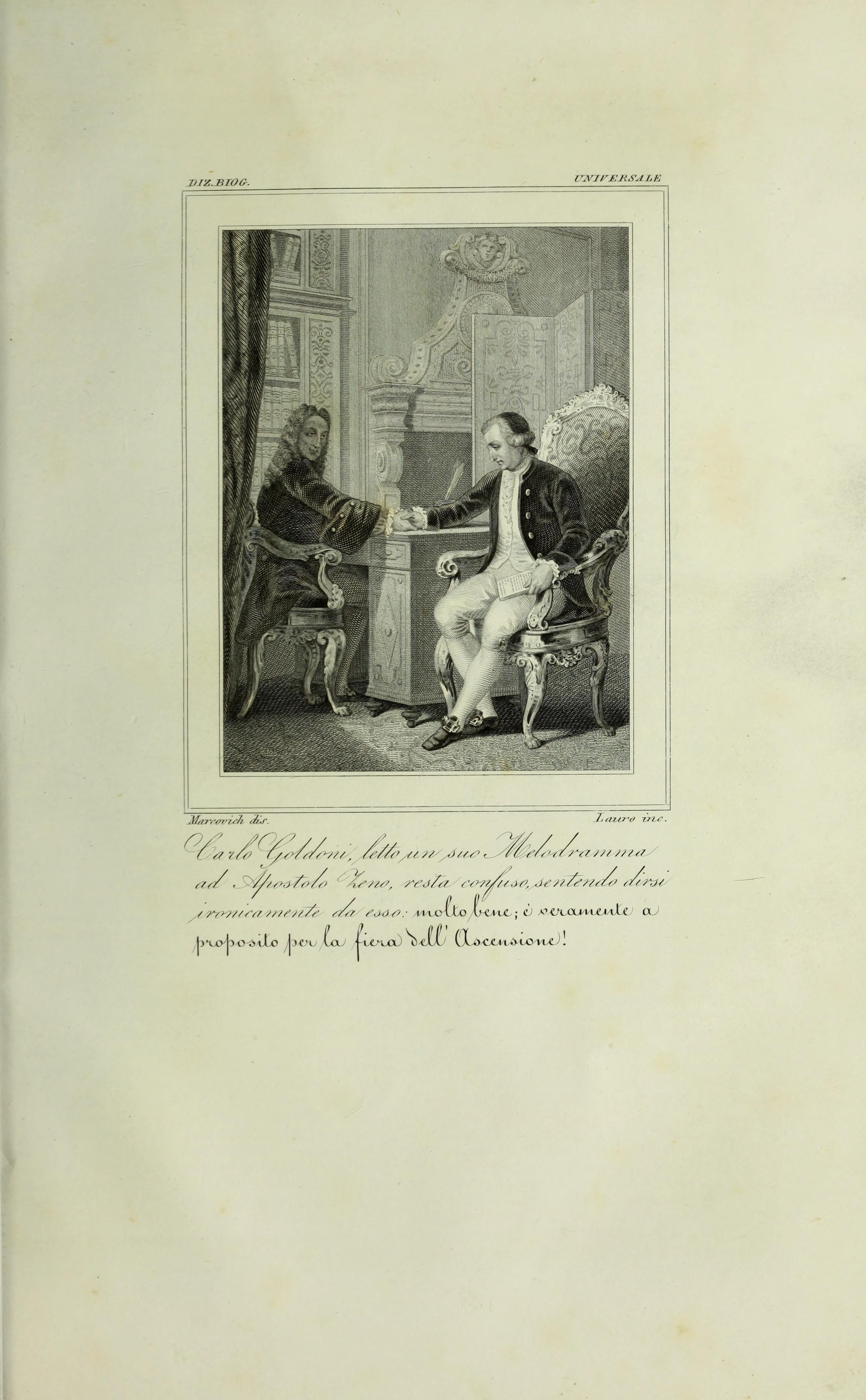 Incisione ottocentesca con il ritratto di Carlo Goldoni, il commediografo che portò il veneziano sui palcoscenici europei nel Settecento