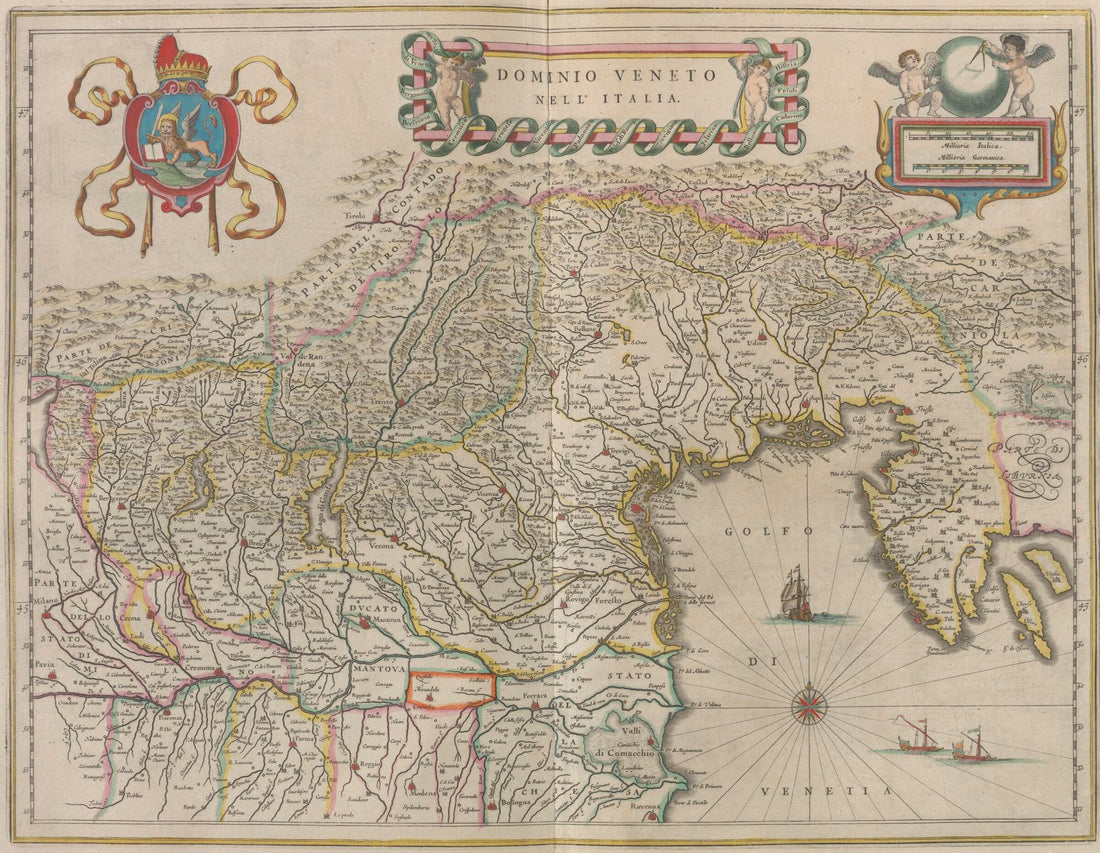 Mappa incisa del 1667 intitolata "Dominio Veneto nell'Italia": i territori della Repubblica di Venezia con città, fiumi e cartiglio decorato
