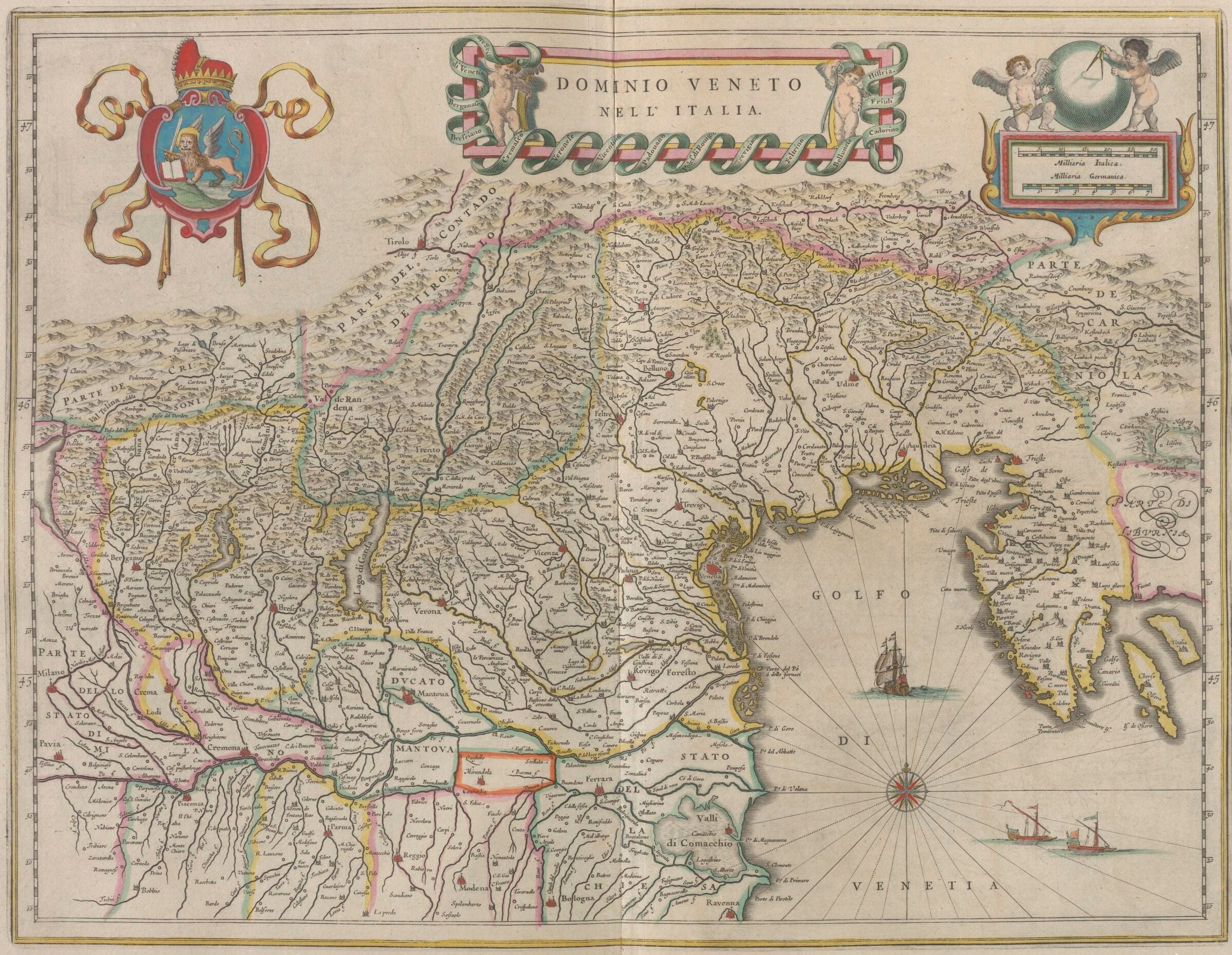 Mappa incisa del 1667 intitolata "Dominio Veneto nell'Italia": i territori della Repubblica di Venezia con città, fiumi e cartiglio decorato