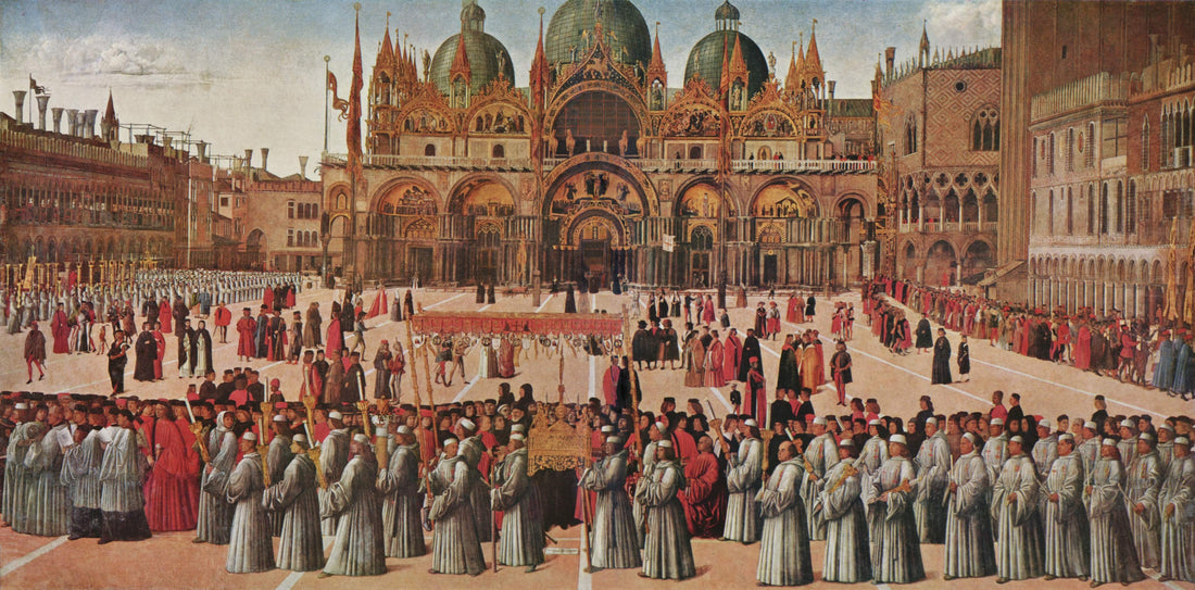 Dipinto del 1496 di Gentile Bellini: la processione in piazza San Marco a Venezia, con il corteo dei confratelli, i magistrati della Repubblica e la basilica sullo sfondo.