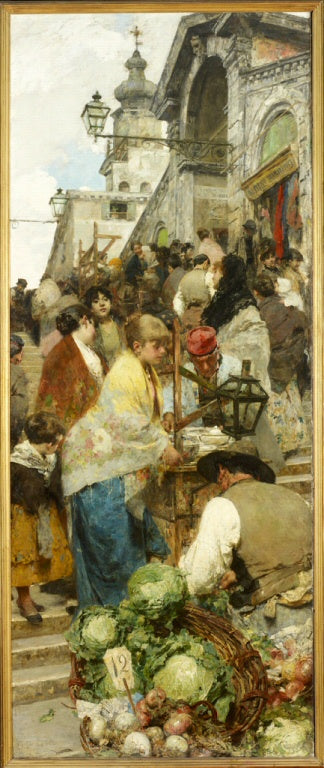 Dipinto ottocentesco di Giacomo Favretto: la fiera di Pasqua sul ponte di Rialto, affollata di banchi, venditori e passanti