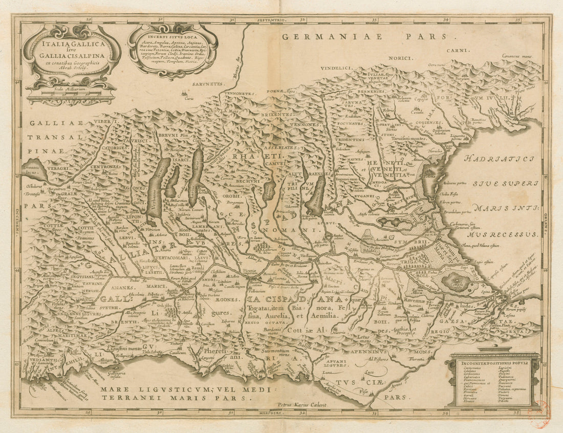 Mappa cinquecentesca dell'Italia settentrionale antica: la pianura tra le Alpi e l'Adriatico, il territorio abitato dai Veneti antichi, in una carta di Abraham Ortelius.