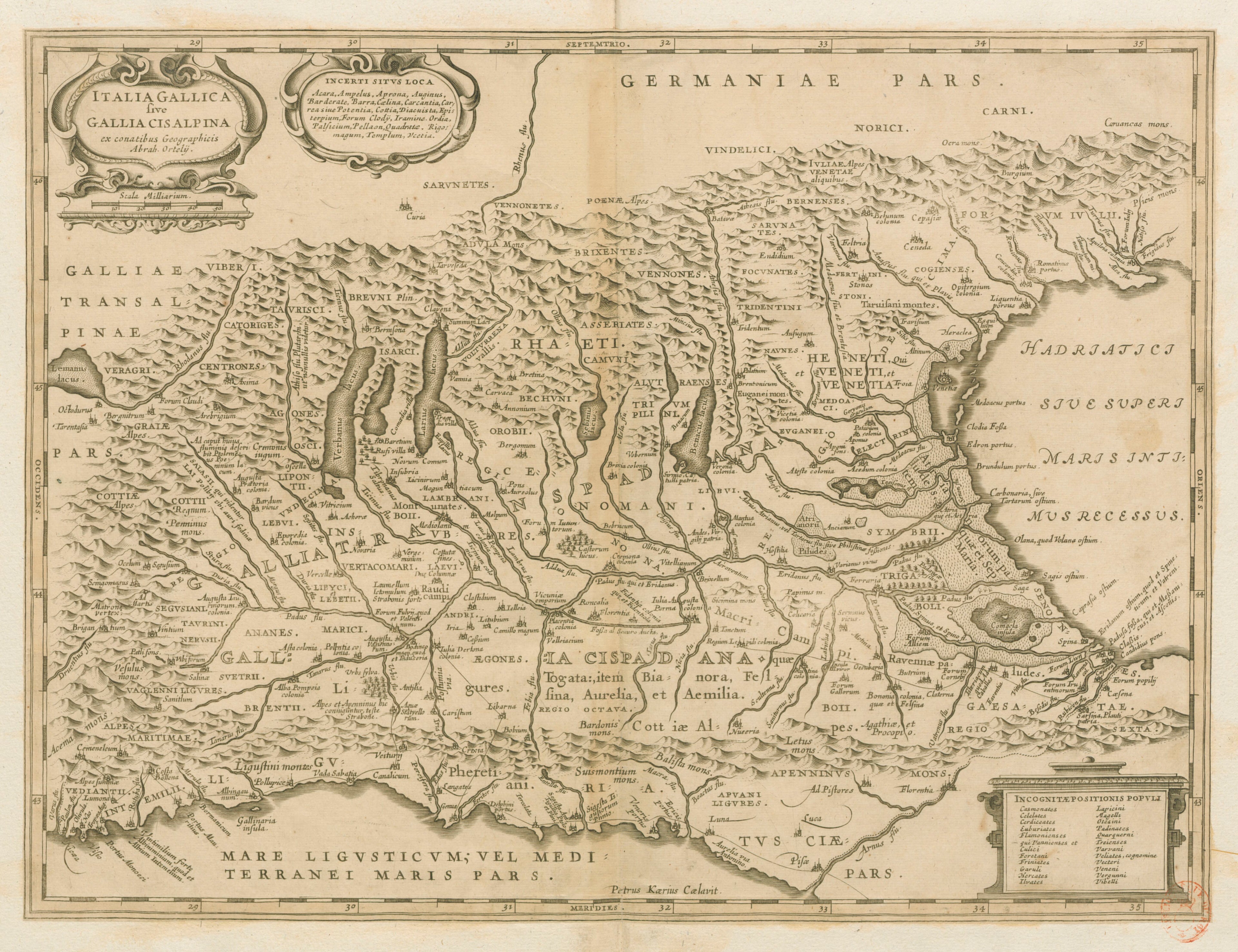 Mappa cinquecentesca dell'Italia settentrionale antica: la pianura tra le Alpi e l'Adriatico, il territorio abitato dai Veneti antichi, in una carta di Abraham Ortelius.