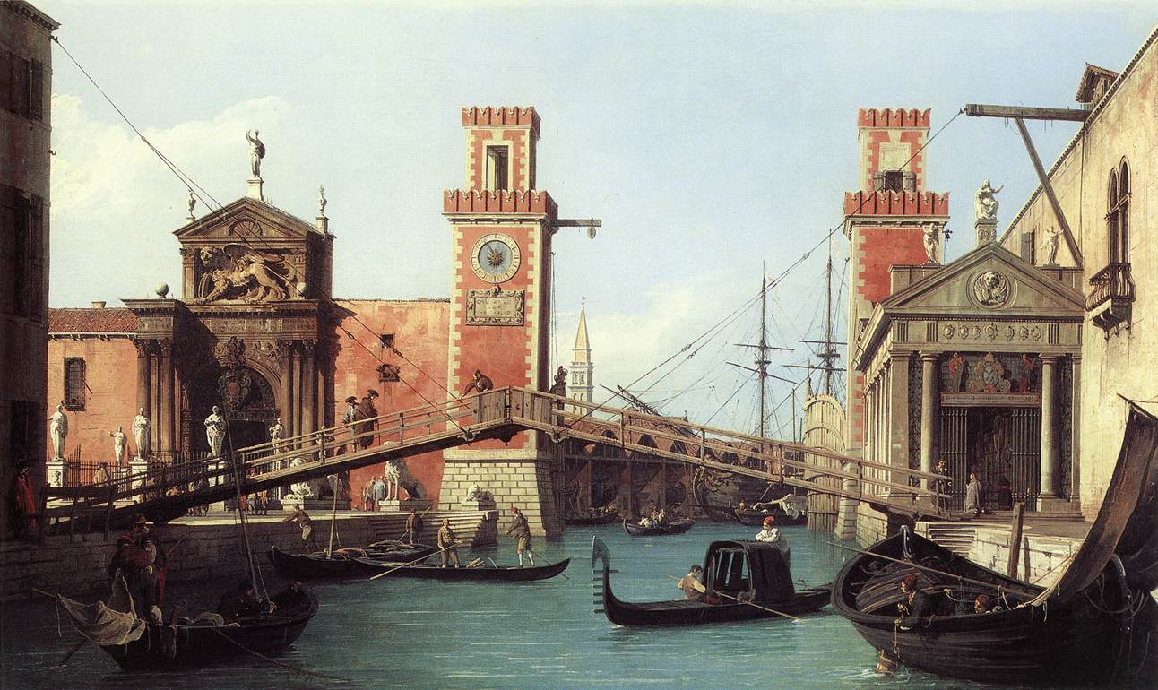 Veduta settecentesca dell'ingresso dell'Arsenale di Venezia: la Porta Magna, le due torri merlate, il ponte di legno e le barche nel canale.