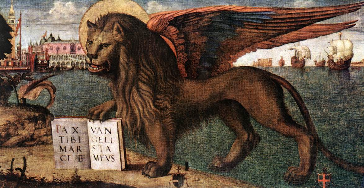 Dipinto di Vittore Carpaccio del 1516: il Leone di San Marco alato, con il libro del Vangelo aperto e la spada, con le zampe anteriori sulla terraferma e quelle posteriori nell'acqua, sullo sfondo Venezia e le navi